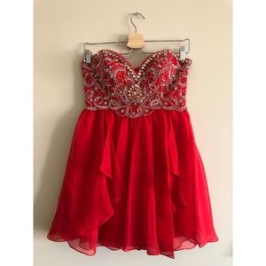 Red sequin strapless Dave & Johnny prom dress